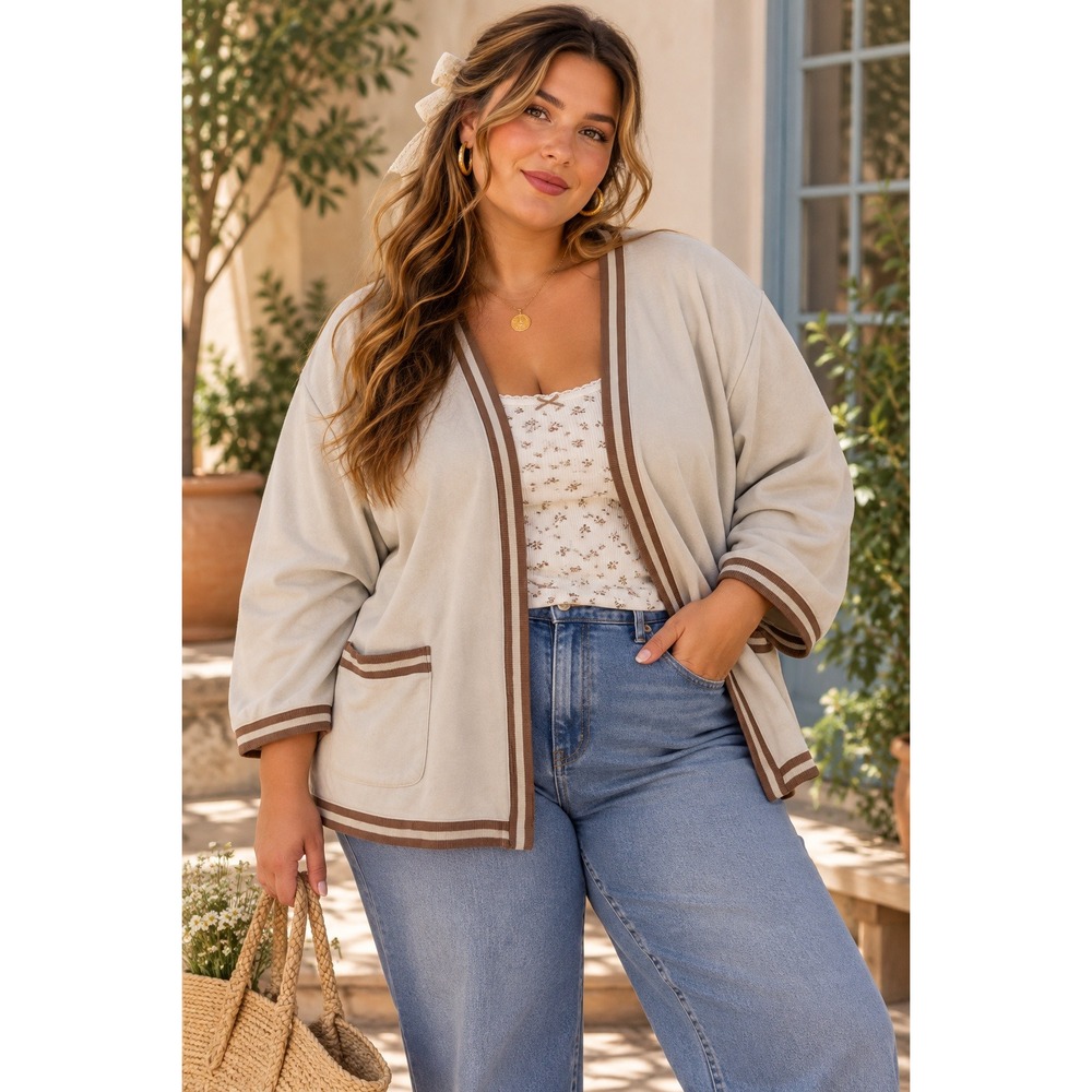 Isaac Mizrahi Live Cardigan Womens 5X Cream Striped Trim Open Front Tennis Prep